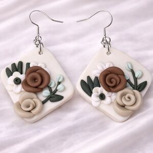 Handmade Polymer Clay earrings, Rhombus with Rose Flower, Saddle Brown